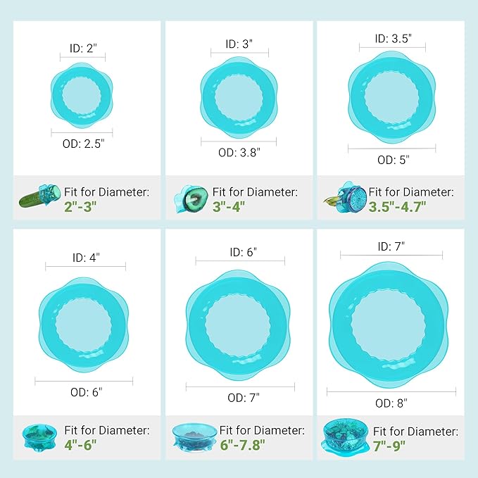 Silicone Stretch Lids for Food Storage in Fridge, Reusable Elastic Bowl Covers for Cup, Cans, Jars, Round & Rectangle Container, Food Grade Silicone Microwave Food Cover, Heat-Resistant, Blue, 6PCS