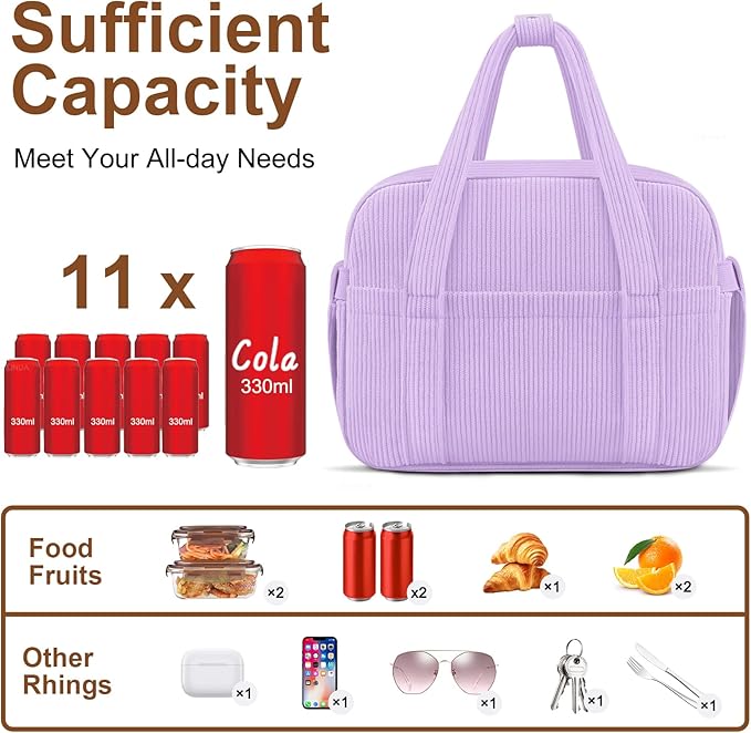 KUBYA Corduroy Lunch Box Lunch Bag for Women Men, Cute Strawberry Small Insulated Reusable Work Leakproof Simple Lunch Boxes Tote Bag Adults Cooler Bag