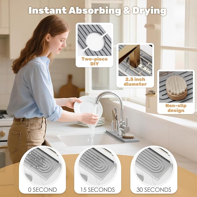 15.7''x4.8''Stone Faucet Mat for Kitchen Sink,Diatomite Quick Dry Kitchen Sink Splash Guard,Drying Stone Sink Tray,Super Absorbent,Sink Stone Quick Dry Around Faucet For Bathroom Counter-Light Grey