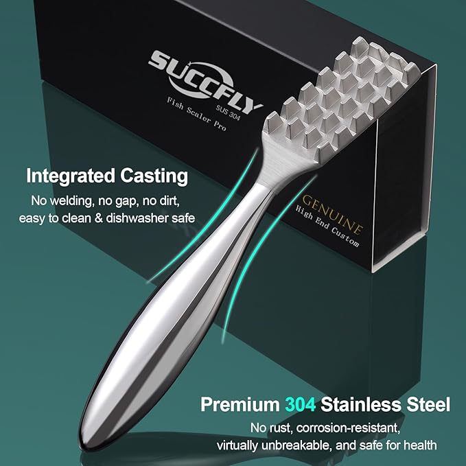 SUCCFLY Fish Scaler Set, Premium Fish Descaler Tool, Stainless Steel Fish Scale Remover with Serrated Sawtooth Ergonomic Handle for Kitchen, Seafood Markets (Fish Scaler + 2 Pack Fish Bone Tweezers)