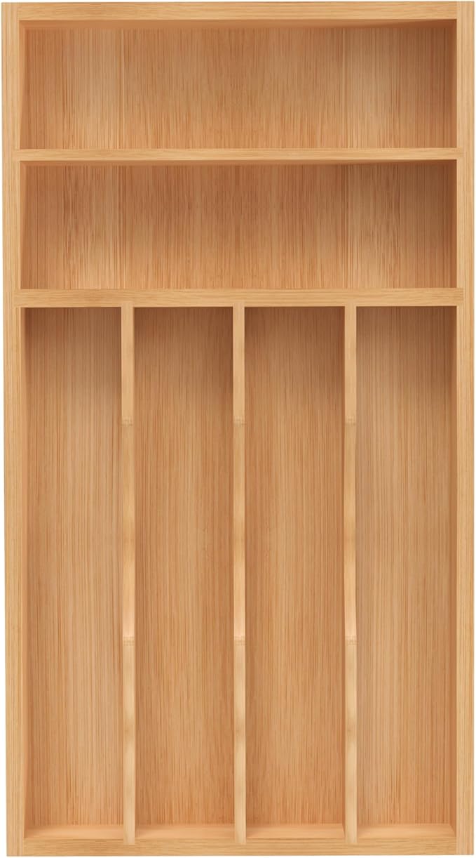 Silverware Organizer, Bamboo Kitchen Drawer Organizer, Utensil Holder, Cutlery Tray & Spoon Flatware Storage with Grooved Drawer Dividers (8.5''W x 15.5''D)
