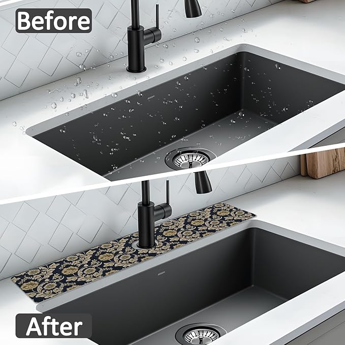 2PCS 24" X 5.5" Kitchen Sink Splash Guard Faucet Mat Floral Flower Super Absorbent Fast Drying Faucet Guard & Draining Mat Sink Splash Guard Behind Faucet for Kitchen, Bathroom