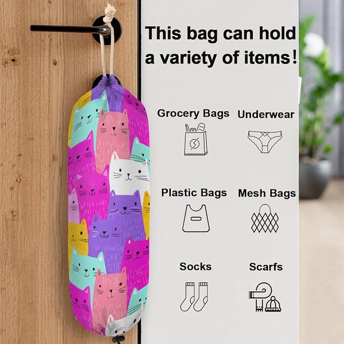 Pardick Plastic Bag Holder, Colorful Cartoon Cat Cute Grocery Bag Holder for Shopping Bags, Wall Mount Plastic Bag Storage Organizer Dispenser, Storage Holder for Home Kitchen Camper,A-17