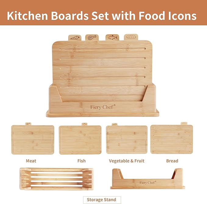 12.6"L x 9"W Bamboo Cutting Board Set of 4 - Wood Cutting Board Set with Holder, Chopping Boards Set with Food Icons, Juice Groove - Ideal for Meat, Fish, Bread, Vegetable, Fruit Chopping