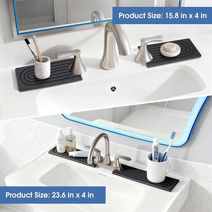 Fast Drying Stone Faucet Mat for Kitchen Sink with Raised Feet, Quick Drying Splash Guard, Faucet Splash Guard, Durable Protector for Kitchen, Bathroom Counter, Dark Gray, 15.8" x 4"