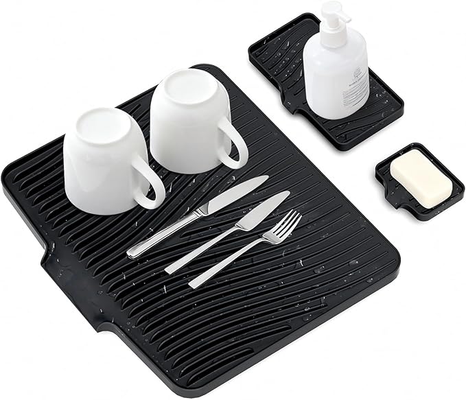 Silicone Dish Drying Mat for Kitchen Counter, Dish Drying Pad, Non-Slip Drain Pad with Built-in Drain, Heat Resistant Stone Drying Mat,Black-1Set