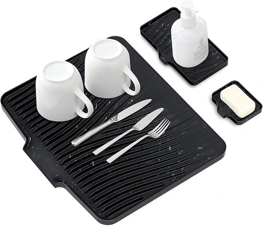 Silicone Dish Drying Mat for Kitchen Counter, Dish Drying Pad, Non-Slip Drain Pad with Built-in Drain, Heat Resistant Stone Drying Mat,Black-1Set