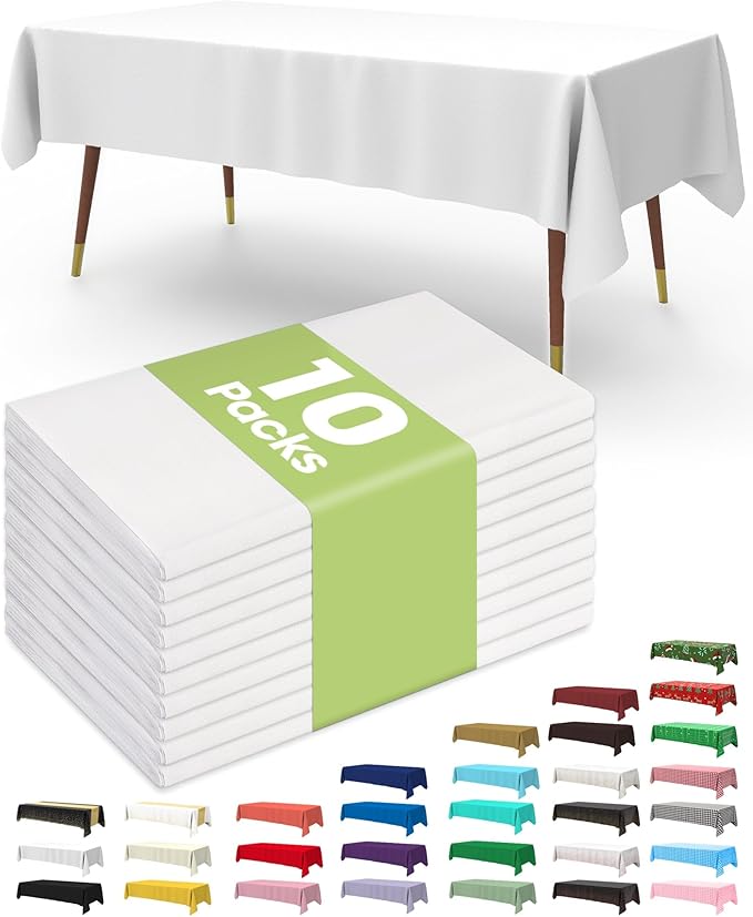 Pureegg Plastic Table Cloth Disposable 10 Pack, 54 x 132 Inch Table Cloths, Party, Picnic, Wedding, Decorative Tablecloths, Rectangle, White Plastic Cover, Leakproof & Sturdy, White