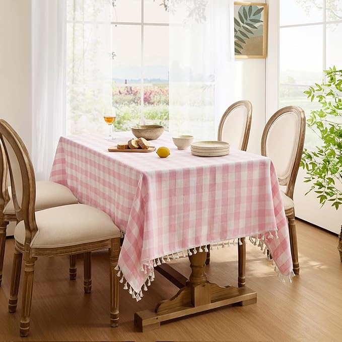 Softalker Pink Gingham Tablecloth Rectangle, Outdoor Linen Cotton Checkered Table Cloth with Tassel, Heavy Duty Wrinkle Free Buffalo Plaid Table Cover for Kitchen Dining Home Party - 55 x 102 Inch