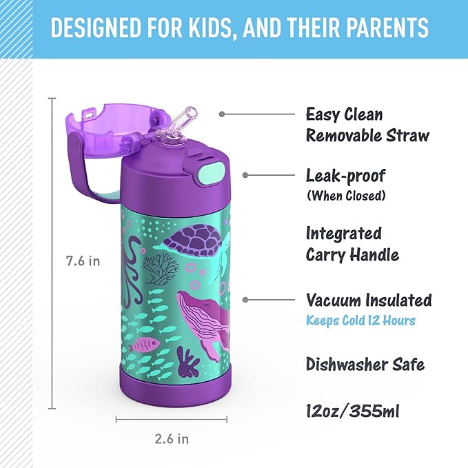 THERMOS FUNTAINER Water Bottle with Straw - 12 Ounce - Kids Stainless Steel Vacuum Insulated Water Bottle with Lid, Ocean Pals