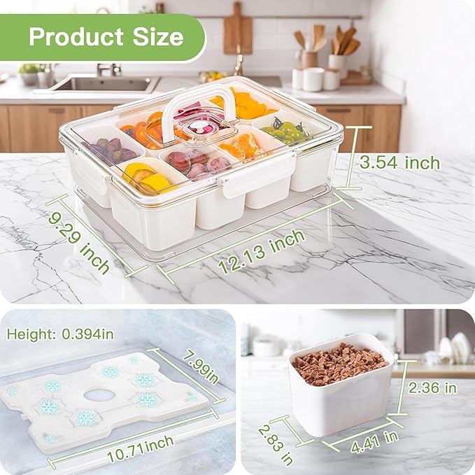 Chilled Snackle Box Container, Snacklebox with Reusable Ice Pack, Beach Essentials Insulated Bag for Parties, Road Trip, 8 Compartment Snack Container, for Fruits, Veggies, Snacks, Keep Food Cold