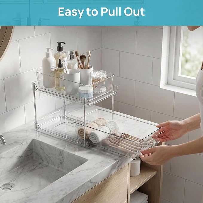 1 Pack Bathroom Organizer,2 Tier Clear Under Sink Organizers Vanity Countertop Storage Container,Cabinet Drawers Bins, Pull-Out Organization with Track for Pantry, Kitchen