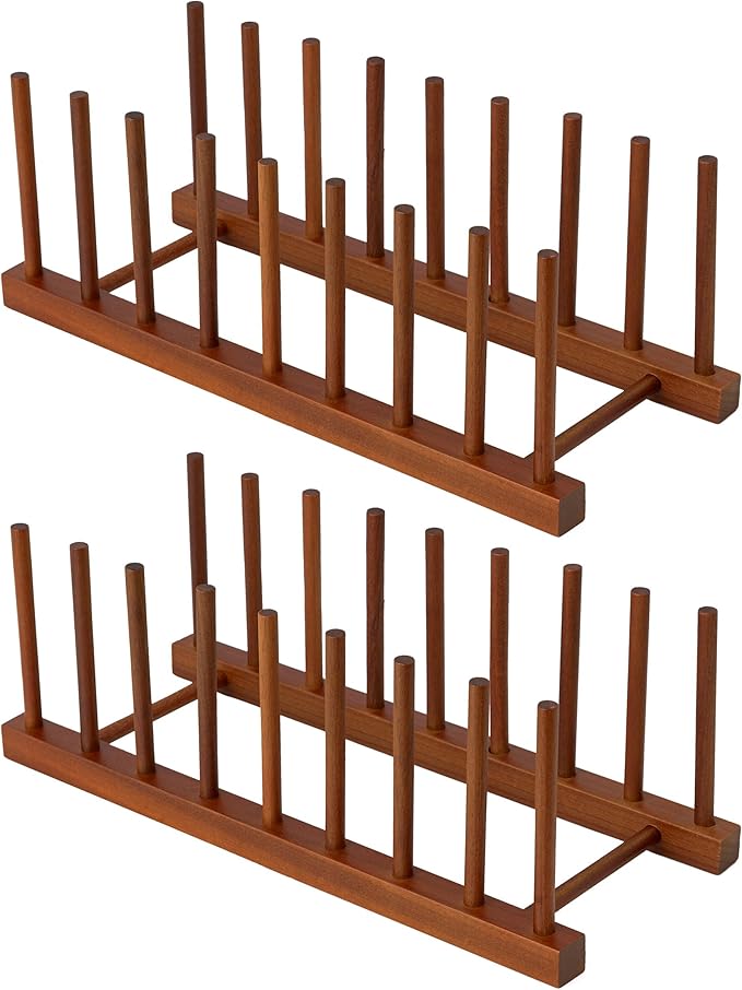 HBlife 2pcs Teak Dish Drying Rack Plates Holder Stand Kitchen Storage Cabinet Organizer for Dish/Plate/Bowl/Cup/Pot Lid/Cutting Board (8 Slots)
