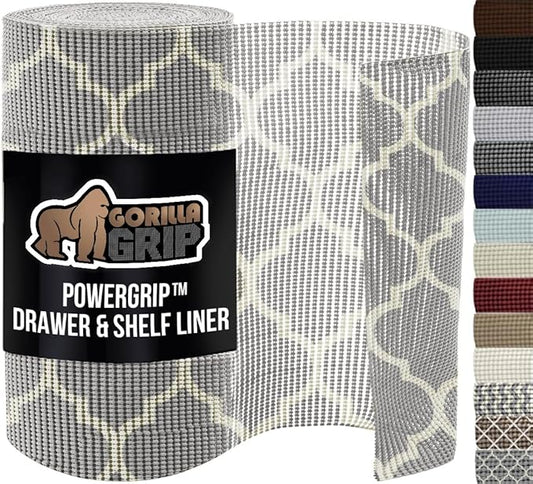 GORILLA GRIP powerGRIP Drawer Shelf and Cabinet Liner, Thick Strong Hold, Non-Adhesive Liners Protect Kitchen Cabinets and Cupboard, Bathroom Drawers, Easy Install, Breathable Mat, 12" x30' Quatrefoil