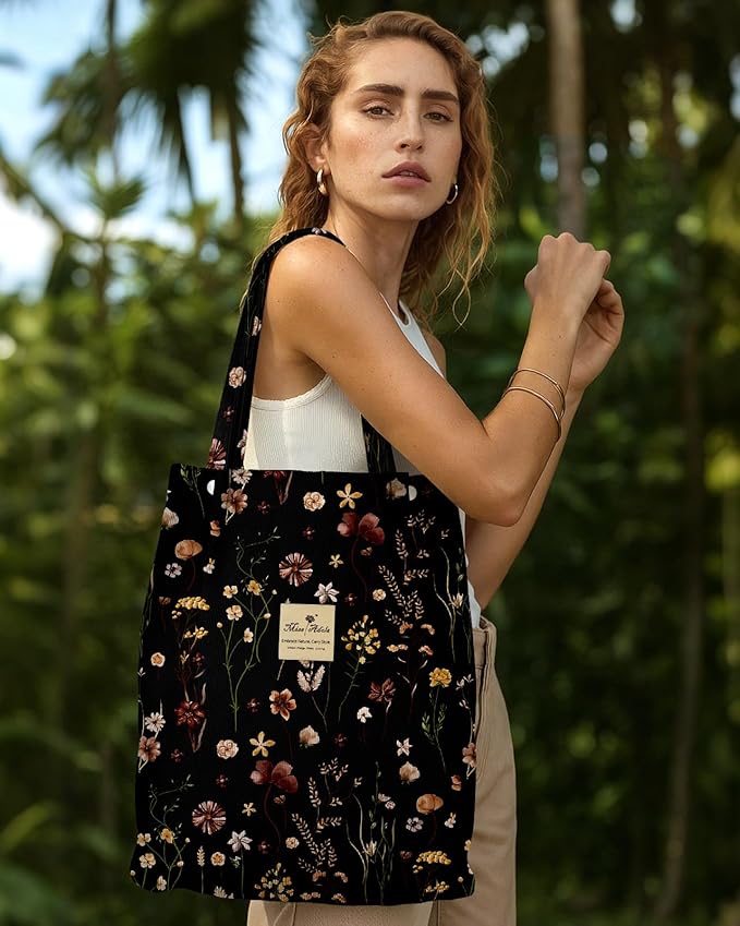 Miss Adola Corduroy Tote Bag for Women - Reusable Totes with Magnetic Buckle & Pocket Aesthetic Design Work Grocery Bags