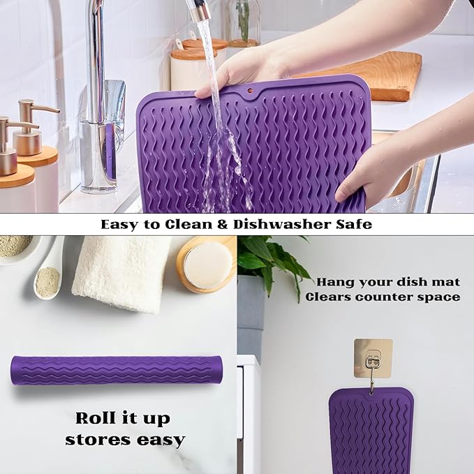 ZLR Silicone Dish Drying Mat 12" x 12" Square - Small Heat Resistant Trivet & Countertop Protector for Air Fryer, Coffee Maker - Waterproof Kitchen Drain Pad for Cups, Fruit (Meadow Violet)