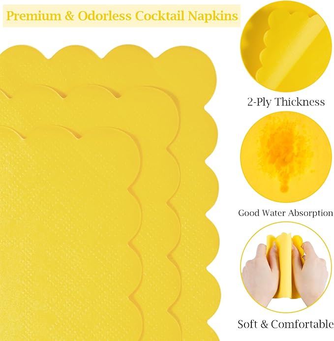 100 Pcs Cocktail Napkins, 2-Ply 5 x 5 Inches Disposable Scalloped Napkins, Thick Premium Dessert Napkins for Party, Wedding, Dinner, Birthday, Anniversary, Festival (Yellow)