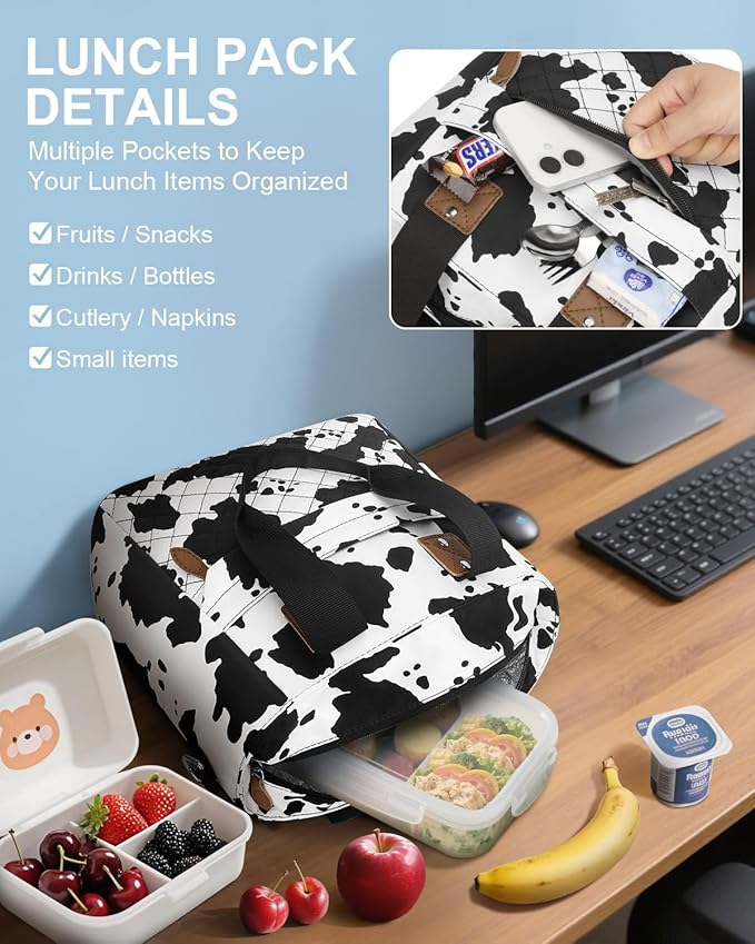 Insulated Lunch Box for School - Large Thermal Lunch Bag Women with Removable Shoulder Strap, Reusable Lunch Cooler Tote Bags Purse for Adults Work, Picnic, Hiking, Beach, Travel, LargeCowprint