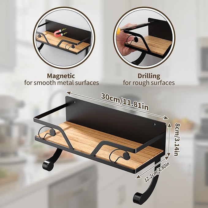 SUNTECH Magnetic Paper Towel Holder for Fridge, Black Kitchen Roll Holder with Shelf Wall Mount, Magnetic Spice Rack Organizer with Funny Memes for Kitchen, RV, Garage