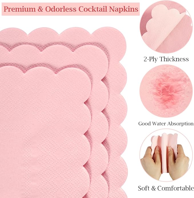 100 Pcs Cocktail Napkins, 2-Ply 5 x 5 Inches Disposable Scalloped Napkins, Thick Premium Dessert Napkins for Party, Wedding, Dinner, Birthday, Anniversary, Festival (Pink)