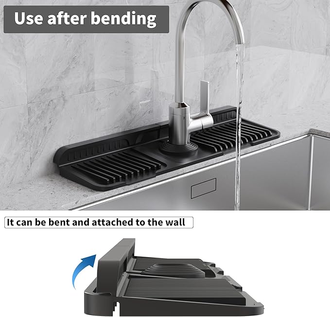WAFT YEARN 17X5 Inch Silicone Durable Faucet Mat Kitchen Sink Splash Guard Draining Protector Tray Liner Absorbent Protective Counter Accessories For Sink Kitchen Bathroom Laundry Room Bar & RV Black