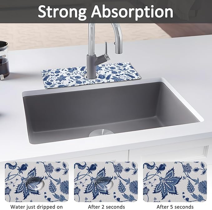 15" X 5.5" Kitchen Sink Splash Guard Faucet Mat Floral Super Absorbent Fast Drying Faucet Guard & Draining Mat Sink Splash Guard Behind Faucet for Kitchen, Bathroom