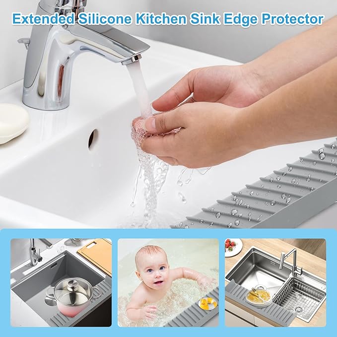 Silicone Faucet Splash Guard 4" x 30", Faucet Water Catcher Mat, Longer Silicone Sink Mat for Kitchen, Bathroom, Laundry Room, Farmhouse for Quartz Kitchen Sink（Gray）