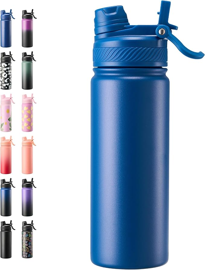 Fijinhom 18 oz Insulated Water Bottle, 2-in-1 Straw and Spout Lid Stainless Steel Thermos, Leak-Proof, Double Wall Vacuum Flask, Keep Cold 24H for Outdoor, Sports, Travel, School (Blue)