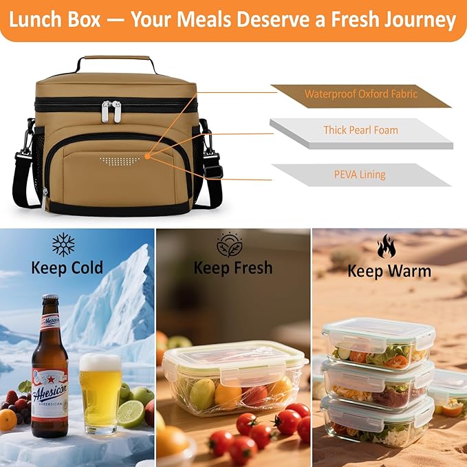 Vankor Insulated Lunch Bag for Men Women, Reusable Lunch Box Leakproof Cooler Lunch Tote Bag with Adjustable Shoulder Strap for Work Office Picnic Beach Travel, Khaki