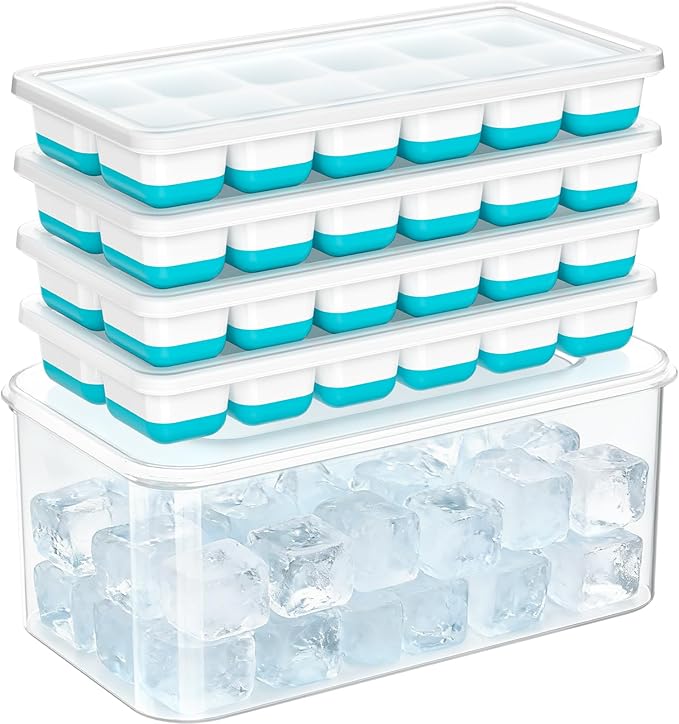 NFK Ice Cube Tray with Lid & Bin - 4 Pack 48 Cubes Stackable Silicone Trays for Freezer with Storage Container, Leak-Proof Lids, BPA-Free, Easy Release for Kitchen, RV, Party, Cocktail & Coffee