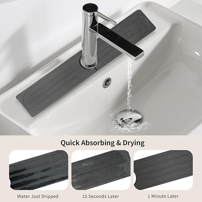 Stone Faucet Mat for Kitchen Sink, Diatomite Fast Drying Absorb Moisture Tray, Prevents Water Buildup, Durable Anti-slip Splash Guard Sink Protector (Dark Gray, 23.7"x4")