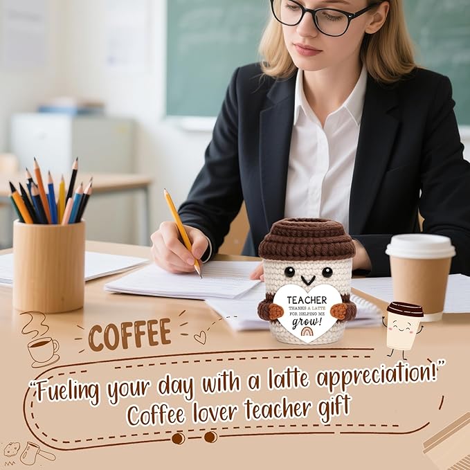 OCCdesign Mini Teacher Appreciation Gifts for Women Men Teachers Graduation Gift for Her Him Crochet Coffee Gifts for Birthday Retirement Thank You Gift Classroom Encouragement Handmade Coffee Cup