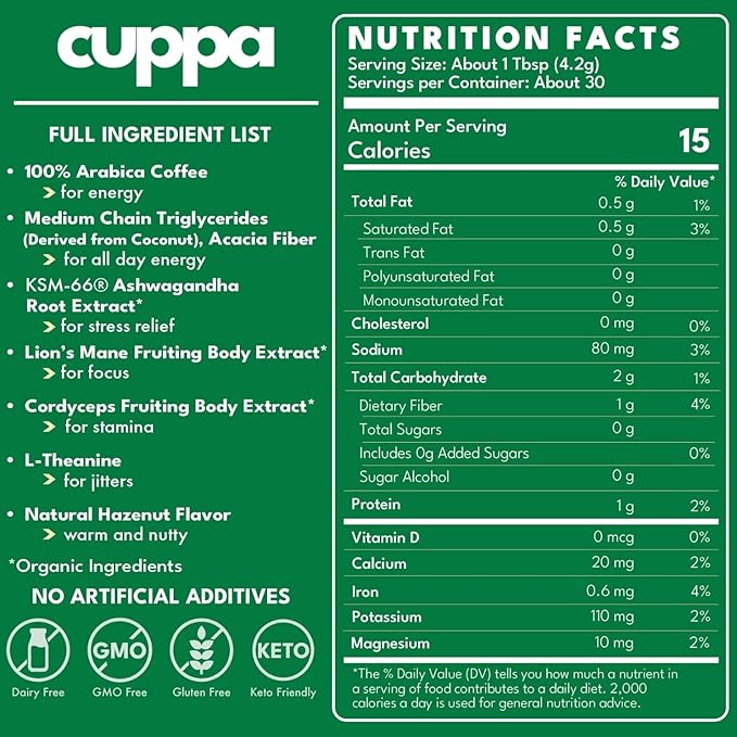 Cuppa Hazelnut Mushroom Coffee with Adaptogens & Superfoods - Lion’s Mane, Ashwagandha & Cordyceps. Adaptogens + MCT to support natural energy, mental focus & gut health (30 Servings)