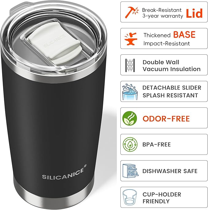 20oz Hygienic Stainless Steel Vacuum Insulated Tumbler w/ Easy-On/Easy-Off Lid - Removable slider, Double Wall 18/8 Travel Mug, BPA-Free, Fits Cup Holders, Premium Quality, Smart Value - Black
