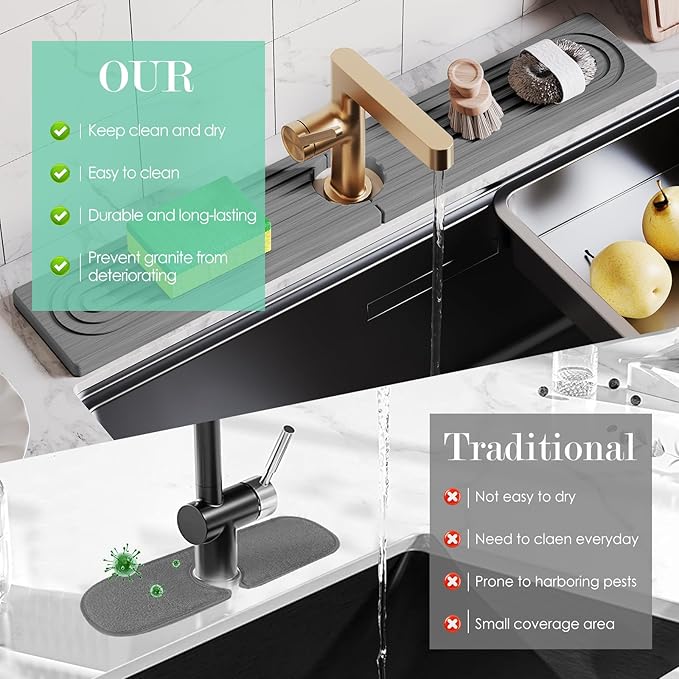 Stone Faucet Mat for Kitchen Sink, Diatomite Drying Stone Tray & Sink Protector, Water-Absorbing Splash Guard, Prevent Moisture on Kitchen & Bathroom Counter (Dark Gray,23.6" x 3.9")