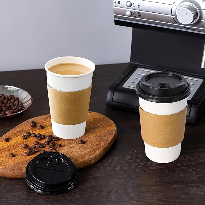 Lamosi 50 Pack 20 oz Disposable Coffee Cups with Lids and Sleeves, White To Go Leak-Proof Paper Cups for Picnics, Parties, Travel, Offices and Coffee Bar Supplies