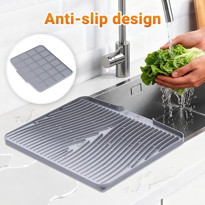 Silicone Dish Drying Mat for Kitchen Counter, Non-Slip Drain Pad, Dish Drying Pad, Easy to Clean Dish Rack Pad, Multi-Use as Heat Resistant Trivet, 15.8" x 13" , Grey