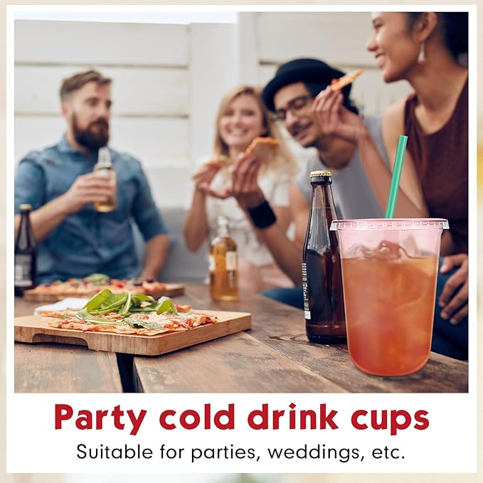 Baderke 25 Set Plastic Cups with Lids and Straws, Disposable Plastic Iced Coffee Cup for Cold Beverage Juice Smoothie Crystal for Coffee Shops Party Catering(Pink,16 oz)