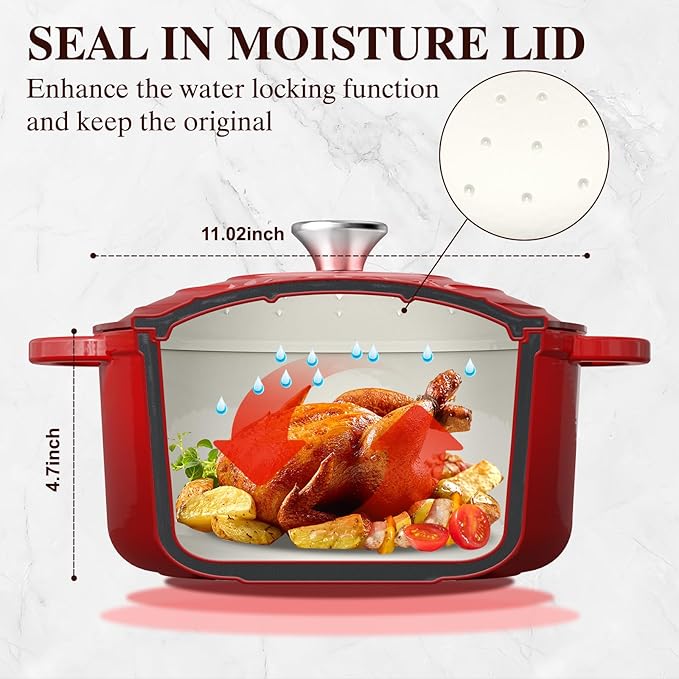 Umite Chef 7QT Enameled Cast Iron Dutch Oven with Lid & Cotton Potholders–Heavy-Duty Cookware for Bread Baking, Braising, Stews, Marinate, Cook(Red)