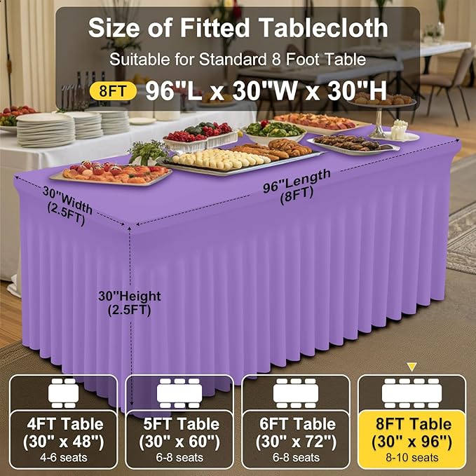 Smiry Spandex Tablecloth, Elastic Fitted Stretch Tablecloth for 8FT Rectangle Tables, Waterproof Washable Table Cover Skirt for Outdoor, Wedding, Banquet & Parties (Lavender, 96Lx30Wx30H Inch)