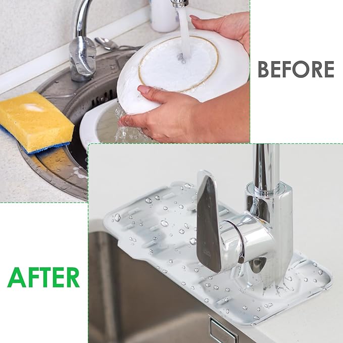 Sink Faucet Splash Guard Mat Silicone Soap Dish Pad Faucet Handle Drip Catch Sponge Holder Sink Protector Trays for Bathroom Kitchen Countertop Gadgets Accessories 8.3 x 5.7 Inch (Marble)