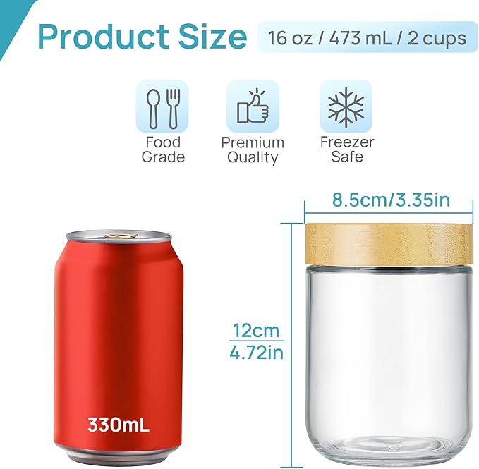 Vtopmart 8 Pack 16oz Glass Overnight Oats Containers with Bamboo Lids, Portable Wide Mouth Glass Jars Leak-proof, Reusable Glass Food Storage Containers for Yogurt Chia Pudding Salad Pickling Snacks