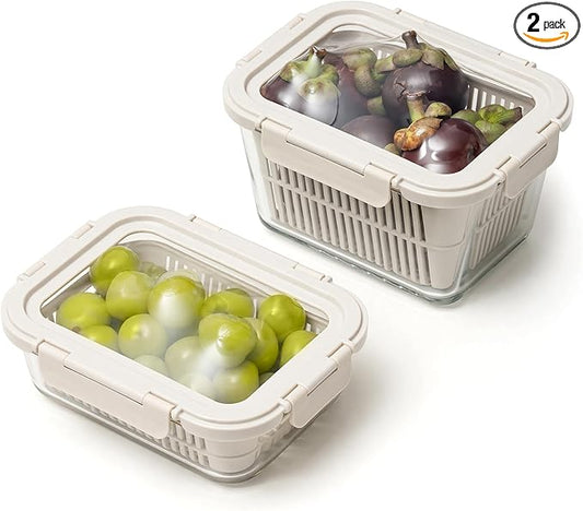 GENICOOK Glass Produce Storage Containers for Fridge, 2-Pack – Airtight Fruit & Vegetable Containers with Removable Colanders, Flexible Silicone Lids,LeakProof, BPA-Free Borosilicate Glass