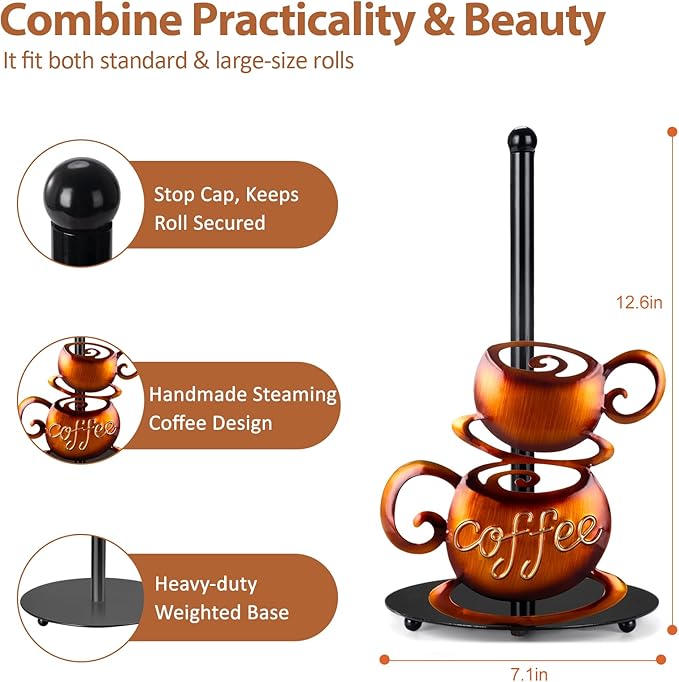 Standing Paper Towel Roll Holder Countertop for Coffee Lovers Women Men, Farmhouse Kitchen Decor and Accessories, Coffee Table Decor for Kitchen Home, 3D Hand-Painting Pattern, Metal