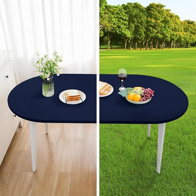 Fitted Oval Tablecloth 42 x 60 Inch Elastic Table Cloth, Stretch Spandex Table Cover Navy Washable Polyester Top Cap Cover for Dining Picnic Camping Indoor and Outdoor