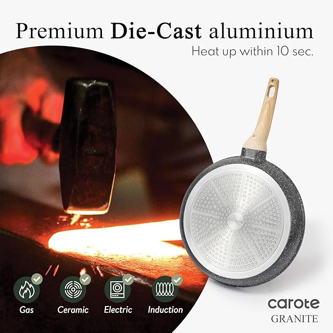 CAROTE Non Stick Frying Pan Skillet, Omelet Pan, Healthy Non Toxic Granite Chef Pan, Induction Compatible Egg Frying Pan with Heat-Resistant Handle, PFOA-Free,Black, 10"