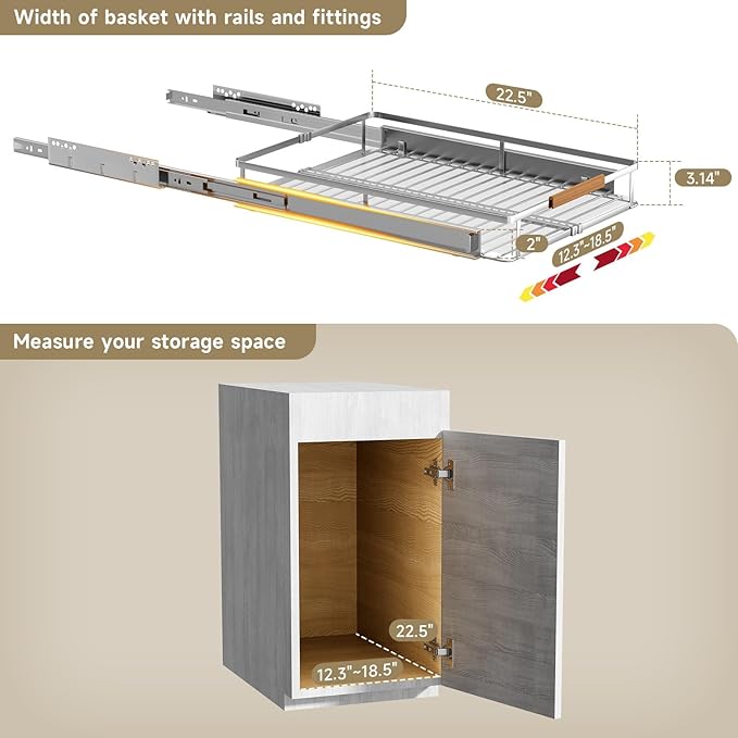 2 Pack Expandable Pull Out Cabinet Organizer，Side Mounting 12.3~18.5"x22.5"Cabinet Pull Out Shelves, Expandable Slide Out Spice Rack for Kitchen Bathroom Office