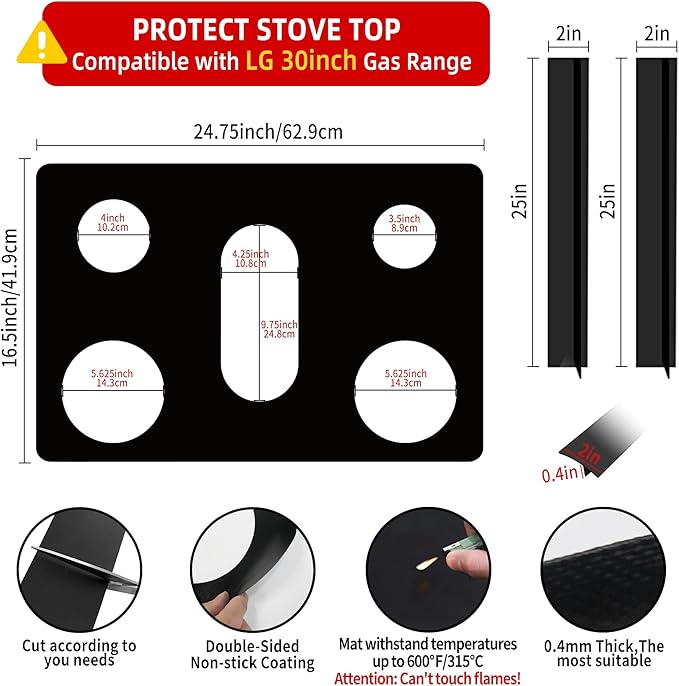 Reusable Stove Burner Top Cover for LG Gas Range, Model LGLDG4315 LRG4115 LRG4113 LDG4313, Non-Stick Washable Stove Top Cover Mat Protector, Gap Filler for Range Side Guard