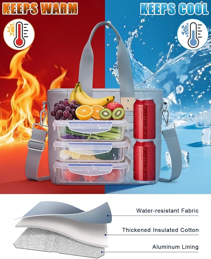 Insulated Lunch Box for Women & Men - Large Thermal Lunch Bag Women with Removable Shoulder Strap, Reusable Lunch Cooler Tote Bags Purse for Adults Work, Picnic, Hiking, Beach, Travel, Medium，Blue