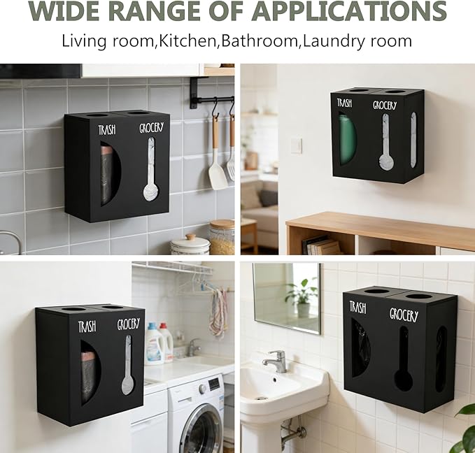 2 in 1 Trash Bag Dispenser, Double Wall Mounted,Wood Trash Bag Holder, used in kitchen, garage, laundry room, can store Environmentally friendly food bags and garbage bags(Black/Large)